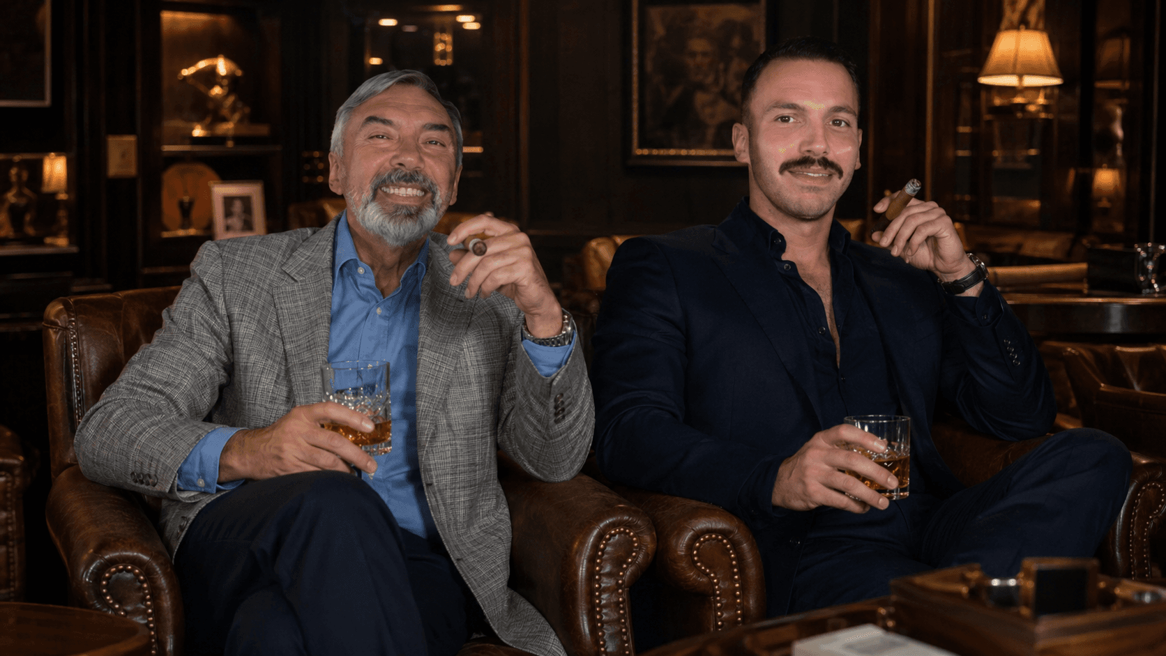 Two men seated in leather armchairs in a lounge, holding drinks